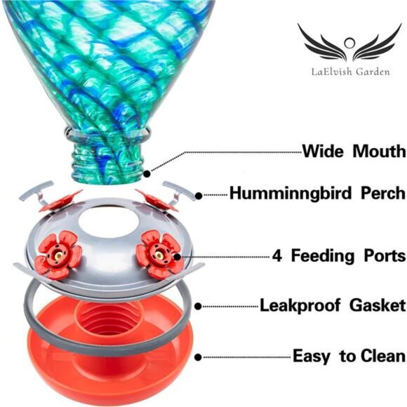Hummingbird Feeders,34OZ Hand BlownGlass Hummingbird Feeder for Outdoors Hanging - Picture 4 of 7